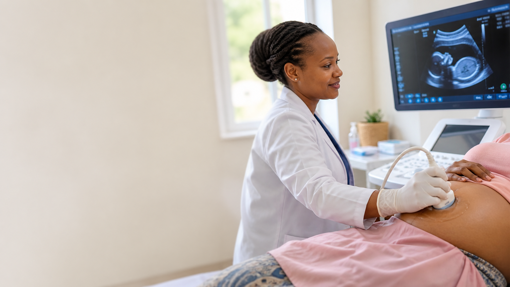 Clinician providing obstetric ultrasound care in a bright clinic